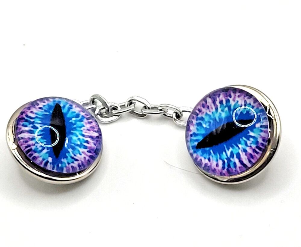 Lapel Button Blue Cat Dragon Snake Eye Surreal Brebitz Button Chain 3.75in